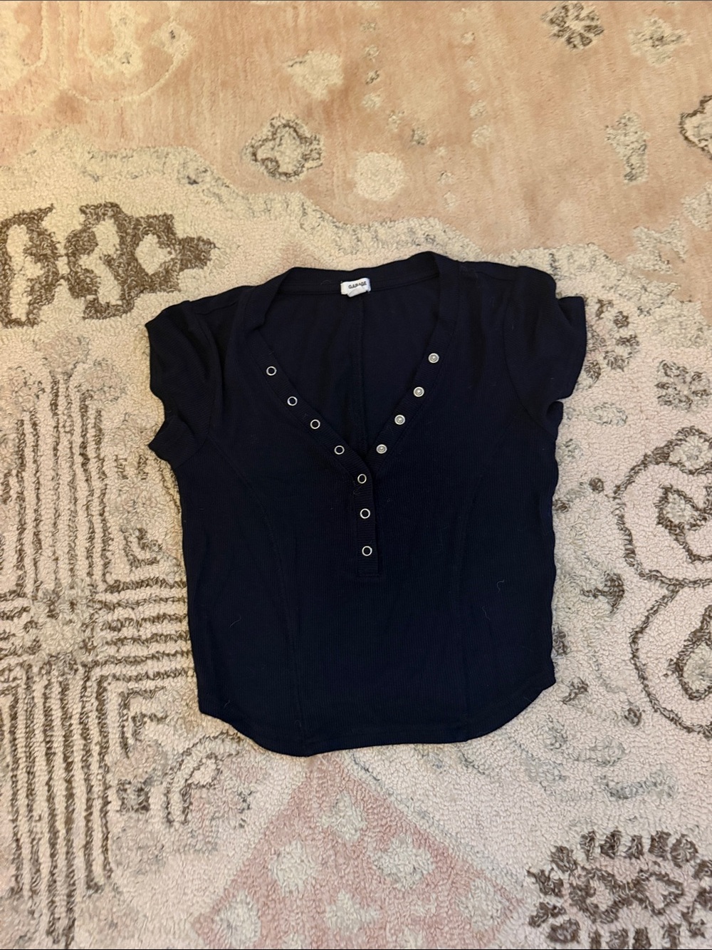 Garage Black Ribbed Short-Sleeve V-Neck Top with Snap Details